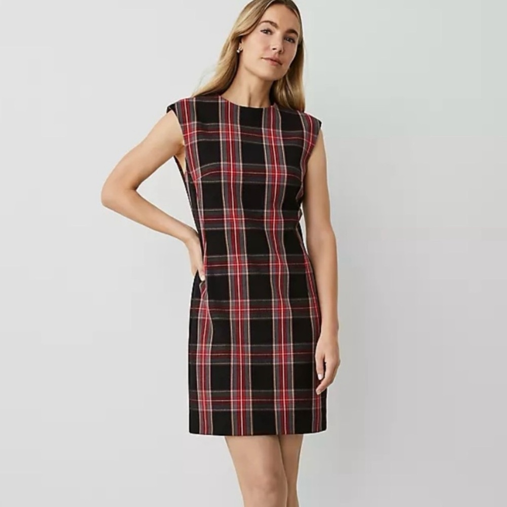 Nwt Ann Taylor Petite Plaid Shift Dress Size 8p Red Black High Neck Workwear